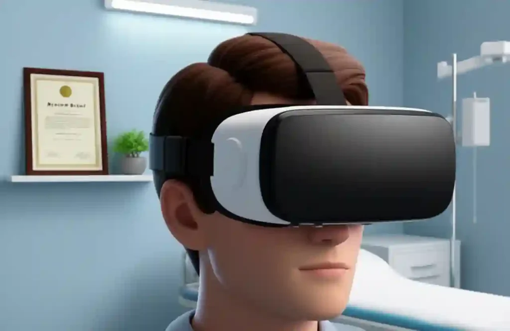 Estudio integral de Videonistagmografía VNG Persona con gafas de Videonistagmografía (VNG) listas para el estudio. El vHIT es menos completo para la evaluación integral del oído interno.